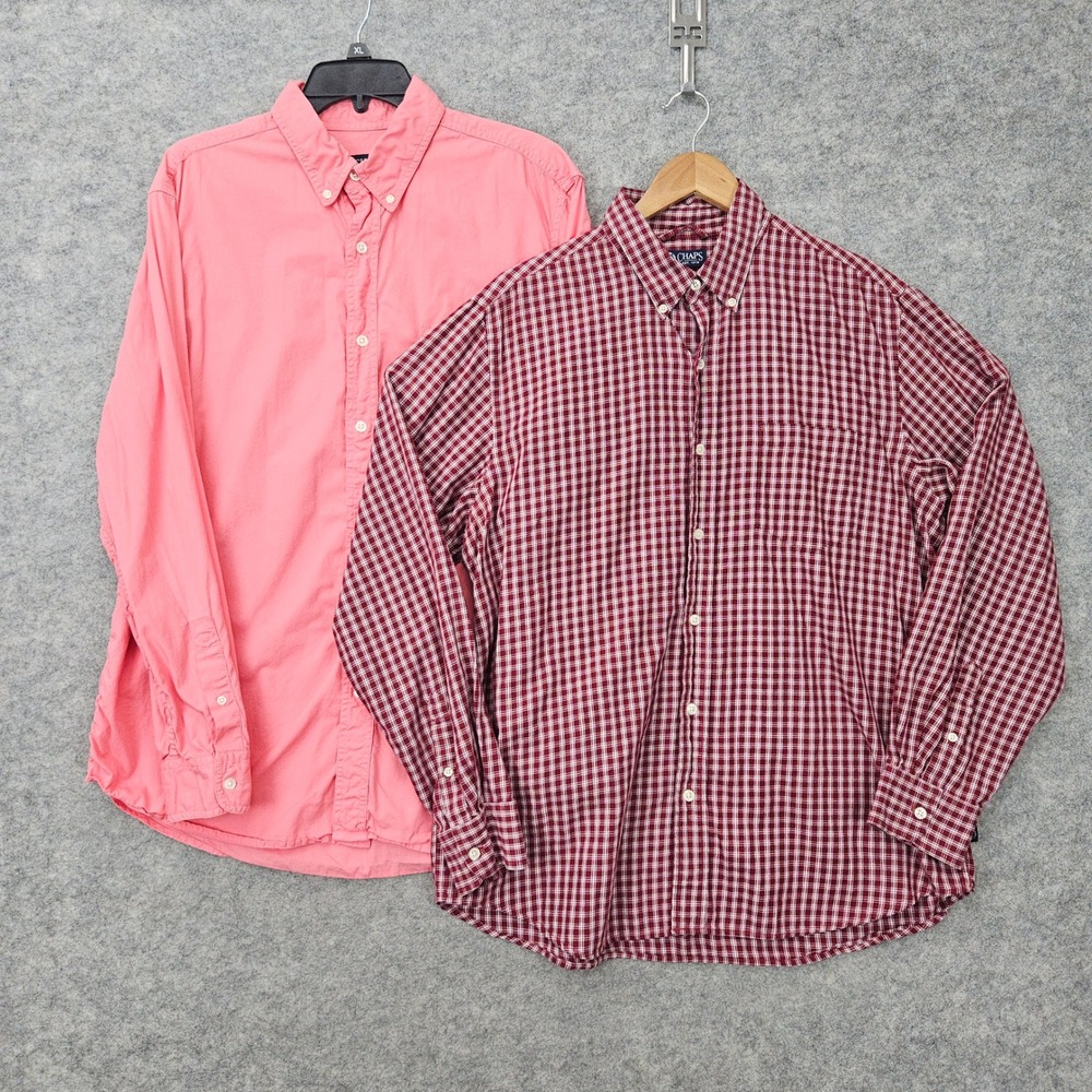 Chaps Pair of Mens Pink Maroon Button Down Shirts Size L 100% Cotton Plaid Solid